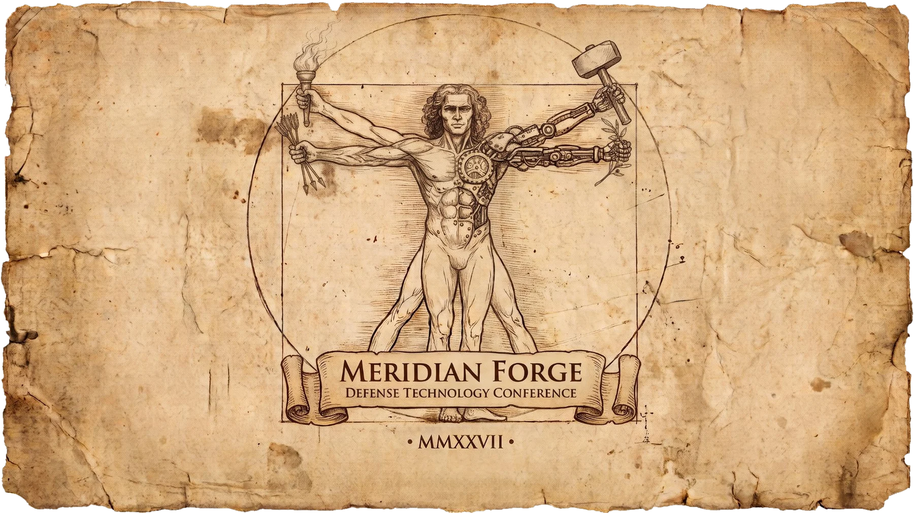 Meridian Forge, Defense Technology Conference, MMXXVII. A Vitruvian figure, half man and half machine, drawn in ink on parchment.